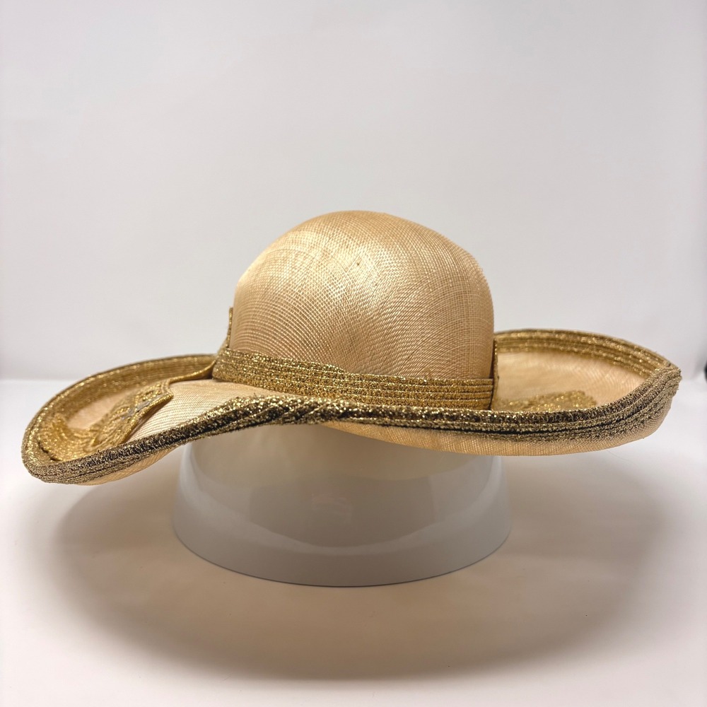 Vintage Mr John Classic Gold Church Derby Hat Wide Brim Wedding Kentucky Derby